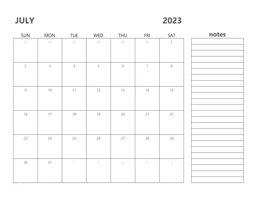 2023 July Calendar Printable with Notes