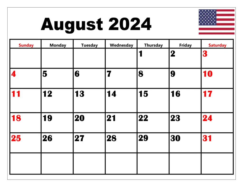 August Printable Calendar with Holidays 2024