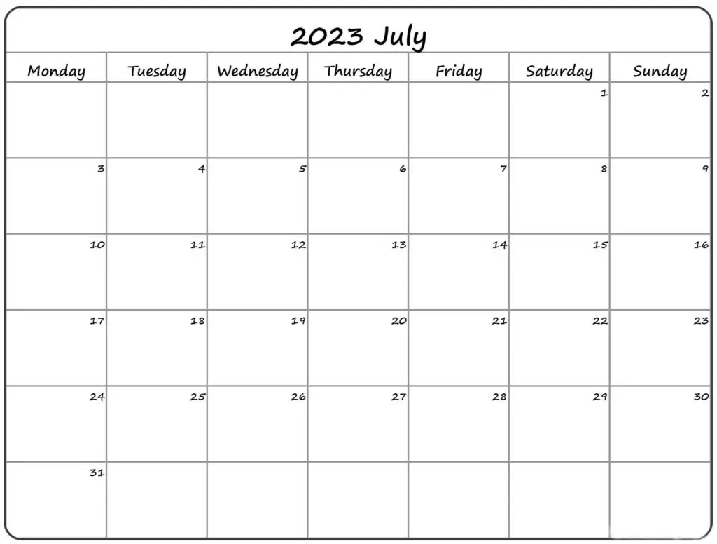 Blank July 2023 Printable Calendar Template