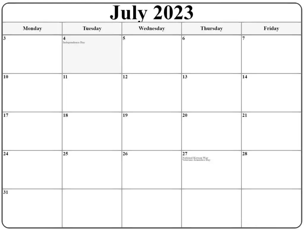 Cute July 2023 Printable Calendar with Holidays