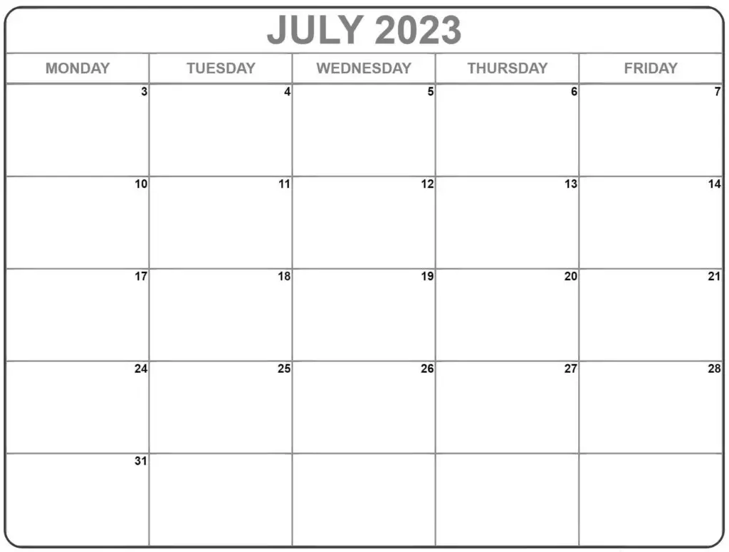 Printable July Monthly Calendar 2023