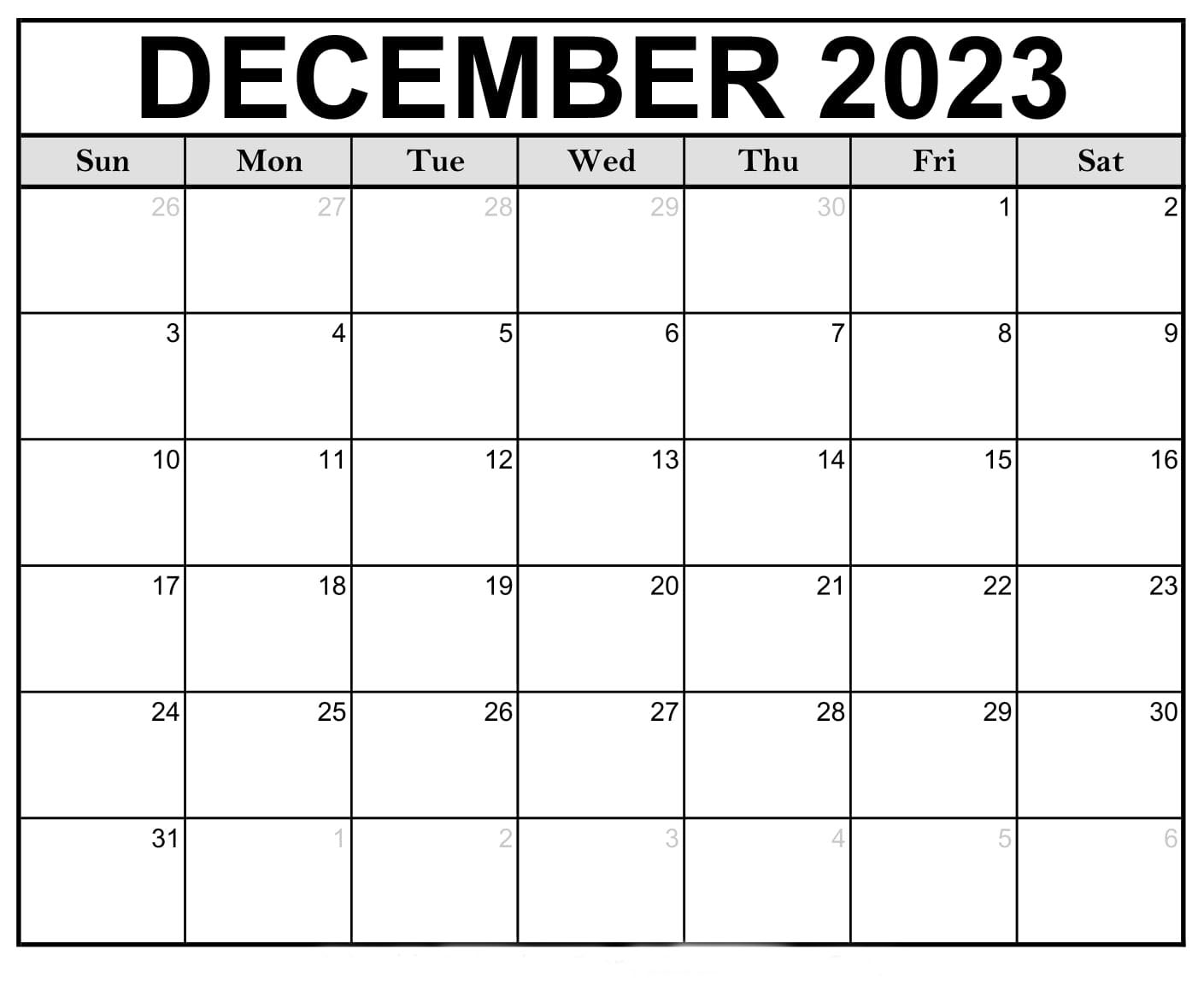 December 2023 Blank Printable Calendar - Cable Squats