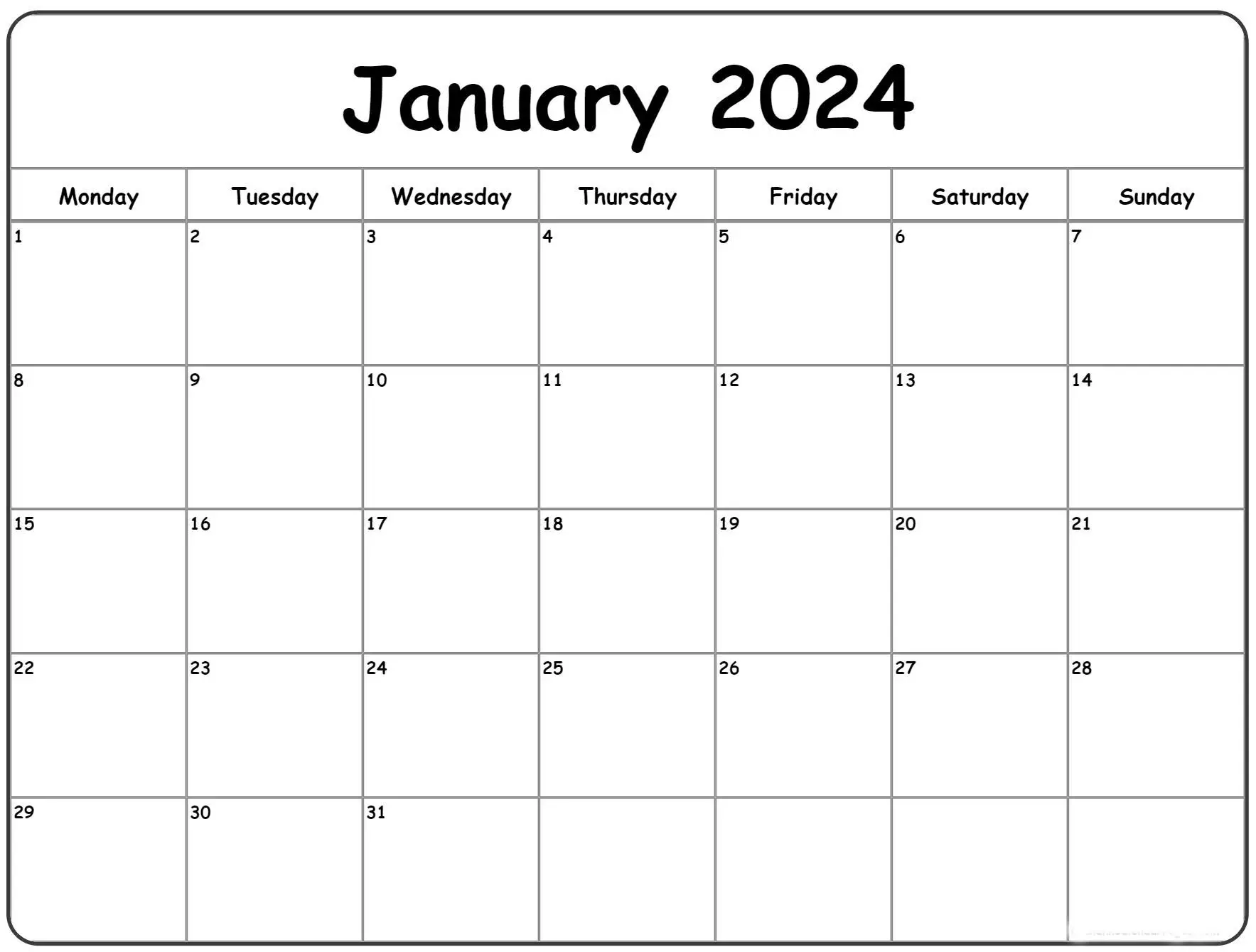 Blank January 2024 Printable Calendar