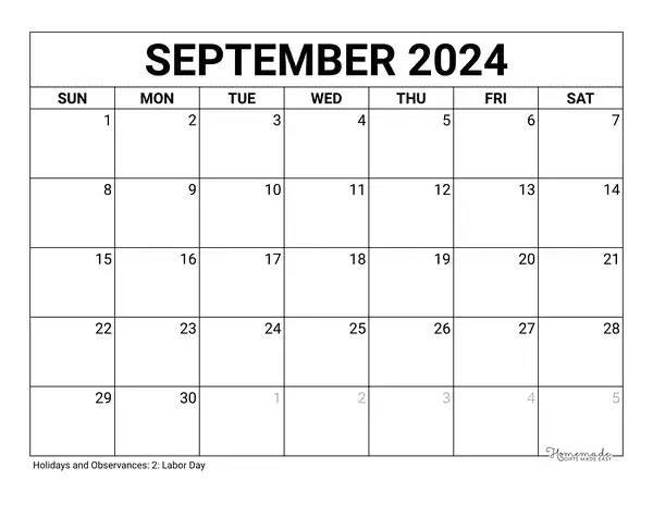 Blank September Printable Calendar With Us Holidays