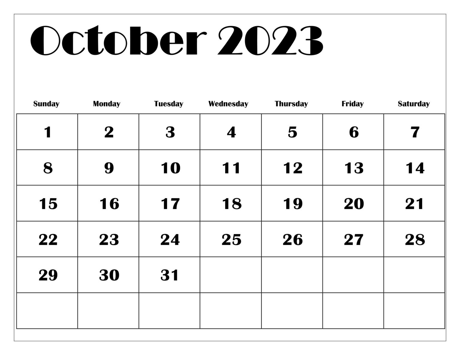 October Printable Calendar 2023 Cable Squats