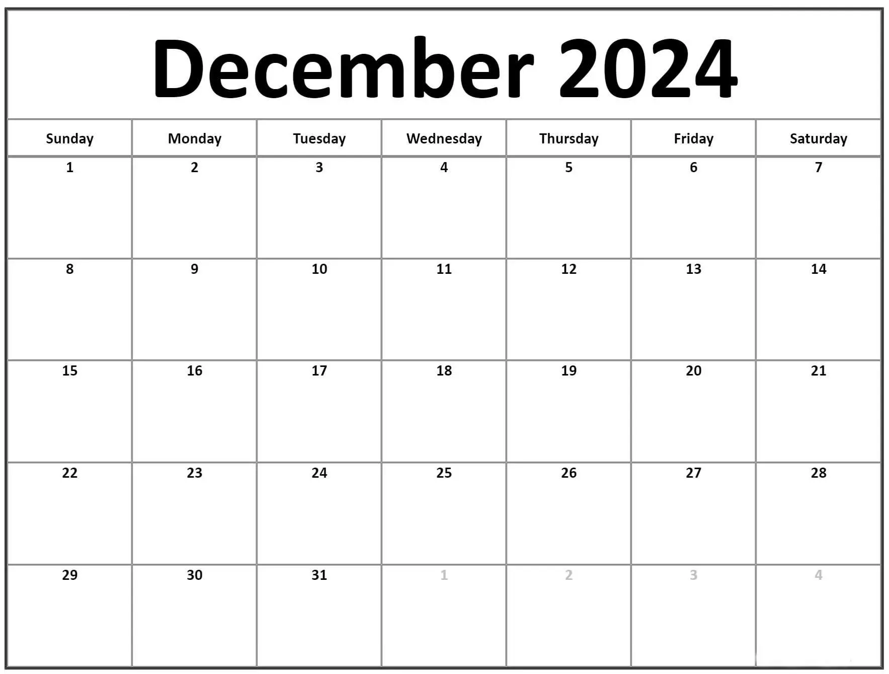 December 2024 Blank Printable Calendar Cable Squats