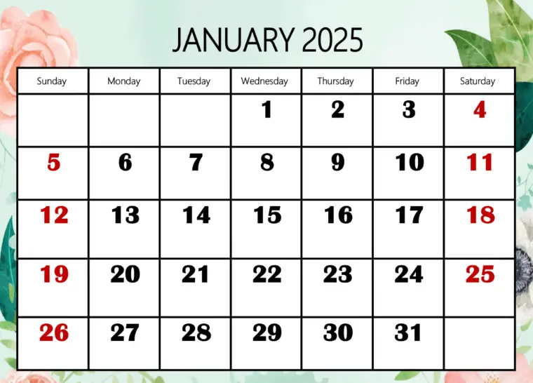 Floral January 2025 Blank Calendar