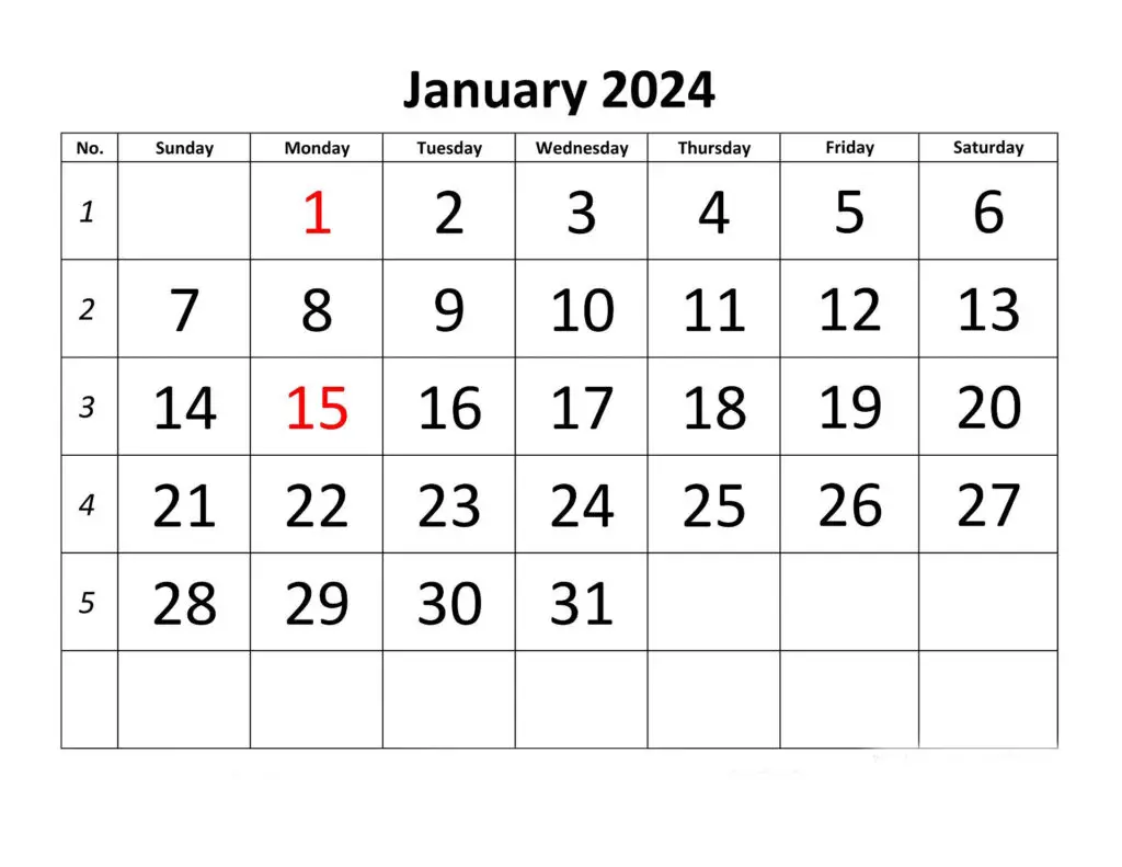 January 2024 Printable Calendar Template