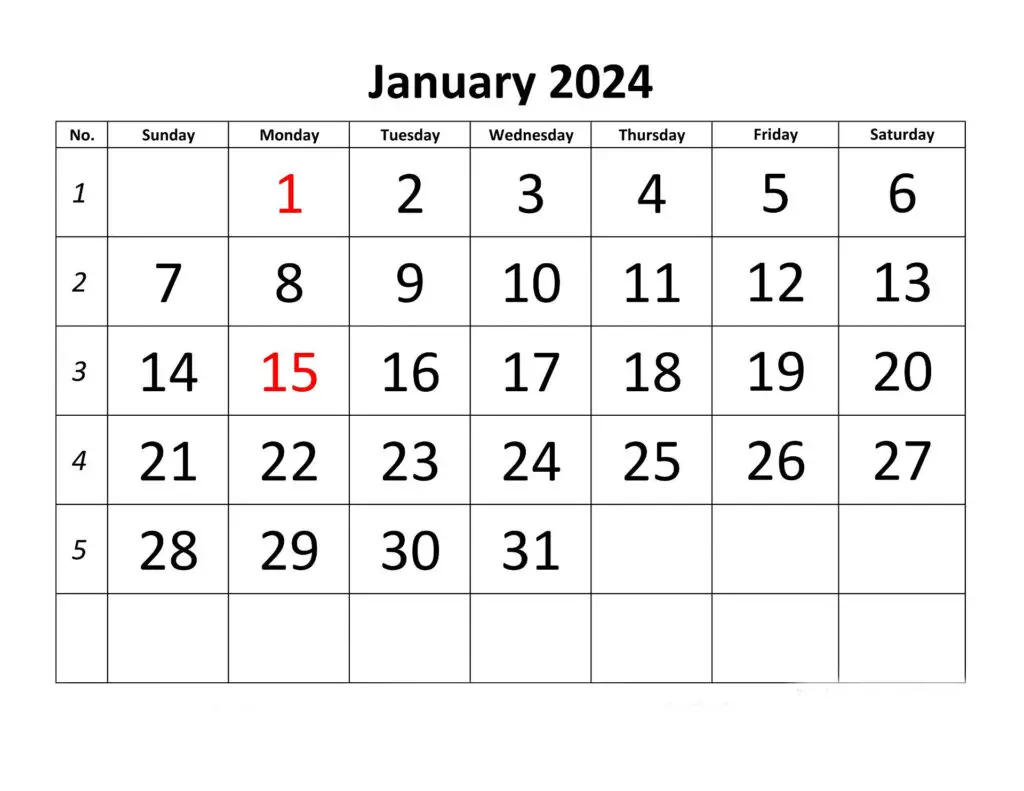 Printable January 2024 Calendar: Plan Your Month Efficiently