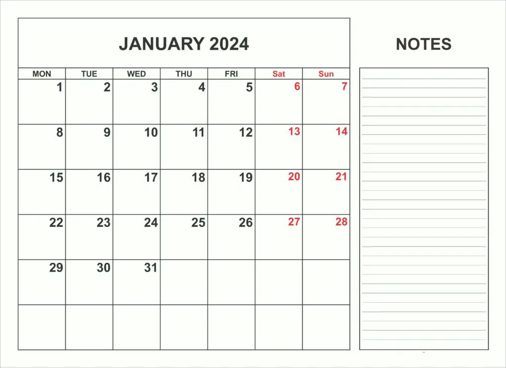 January 2024 Printable Calendar With Notes
