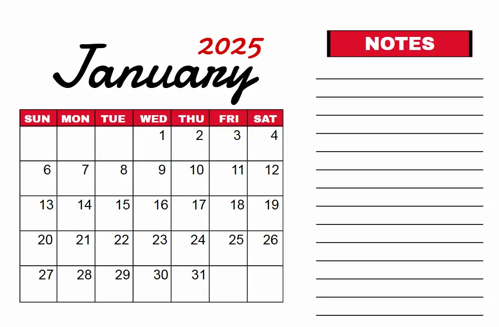 January 2025 Calendar Template With Notes For Goals