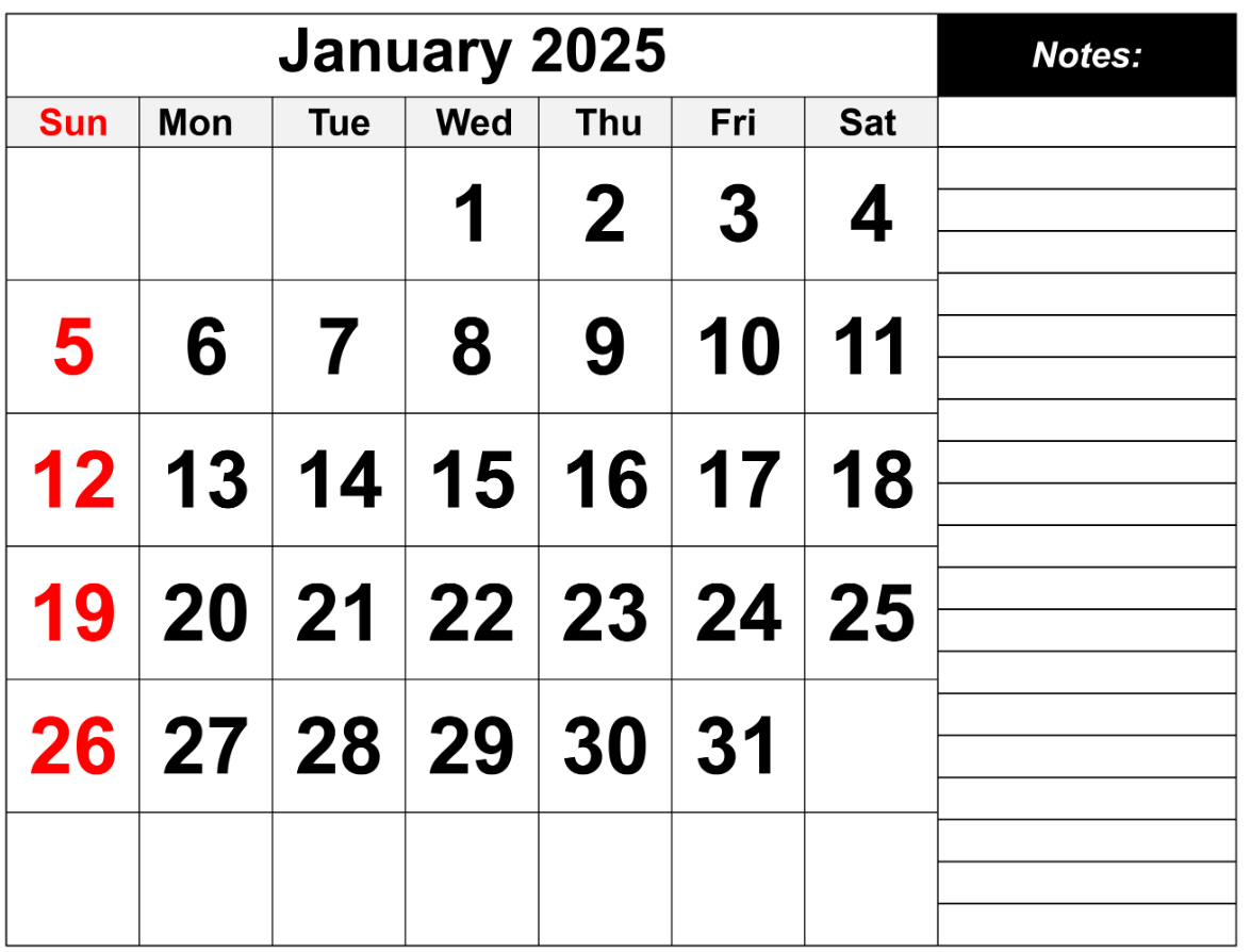 January 2025 Printable Calendar With Notes