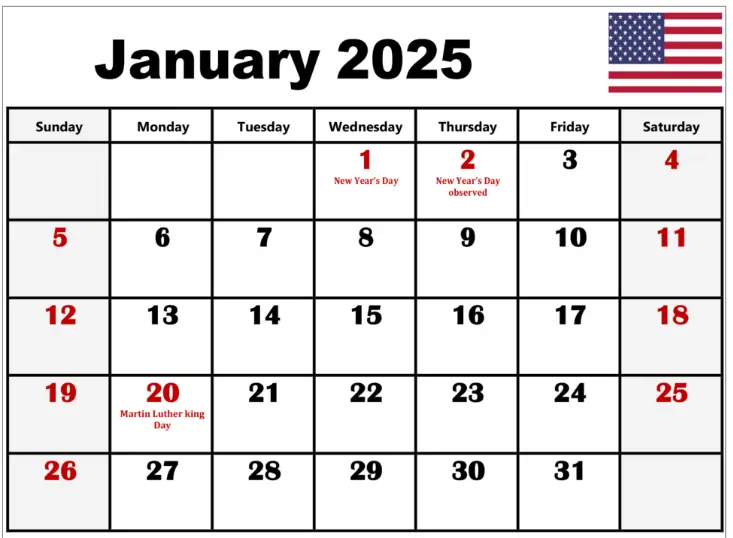 January 2025 Printable Calendar With US Holidays