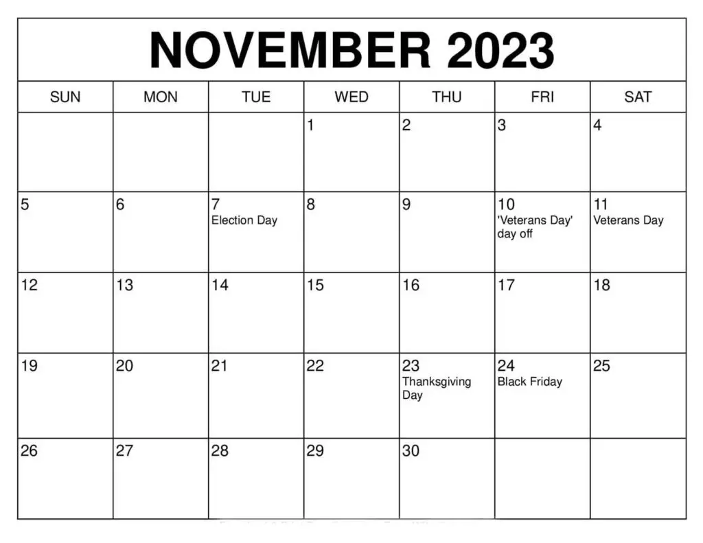 November 2023 Calendar With US Holidays