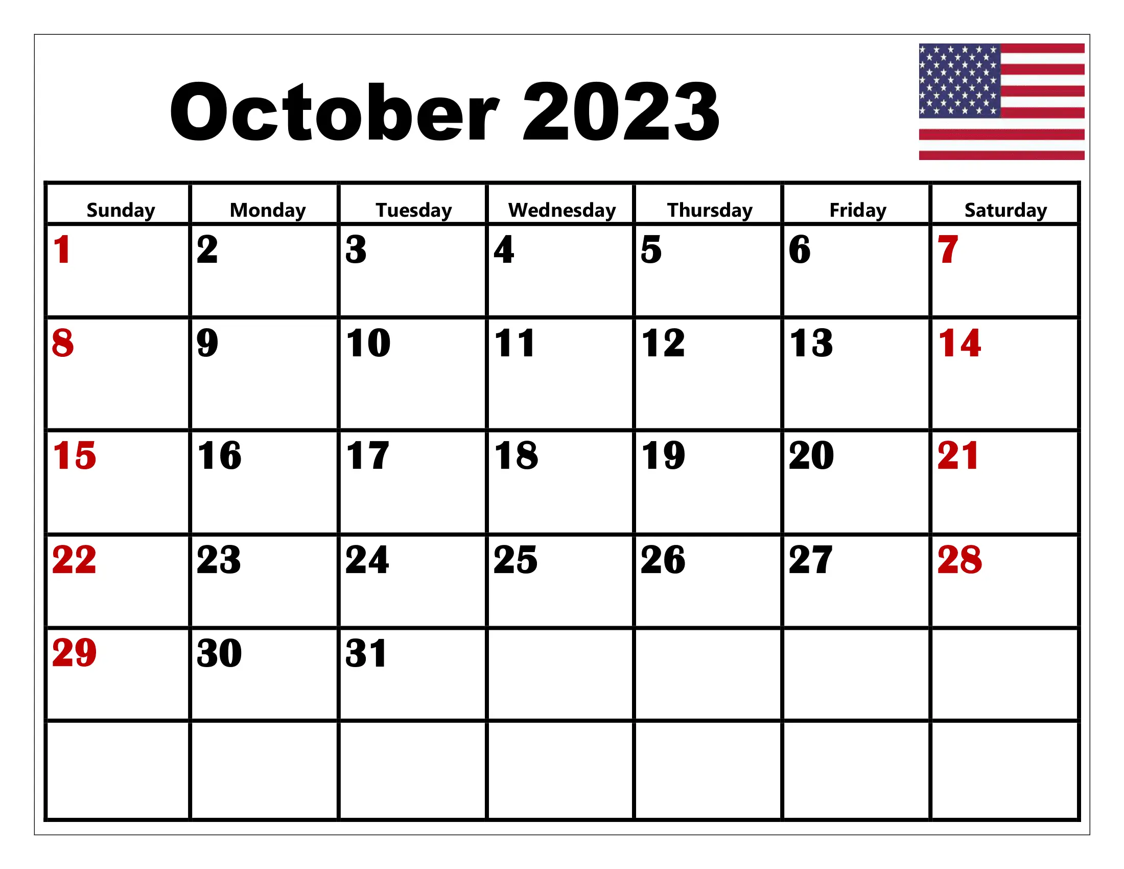 October 2023 Calendar With US Holidays