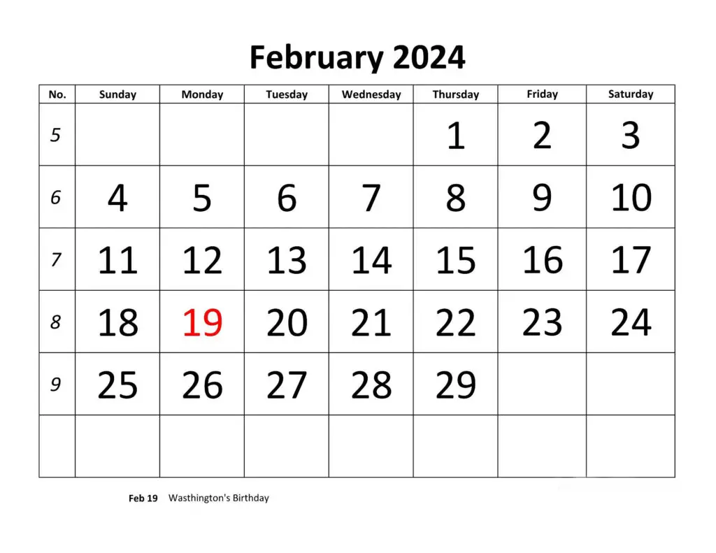 Simple February 2024 Calendar With Holidays