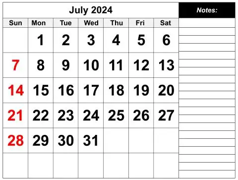 Blank July 2024 Printable Calendar With Notes