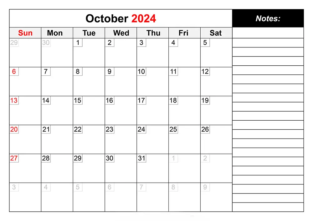 October Printable Calendar 2024 Cable Squats