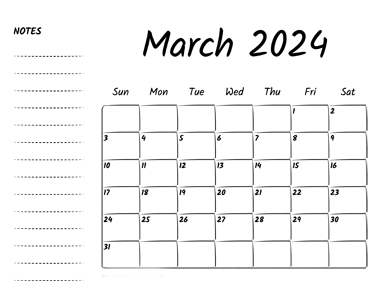 March 2024 Printable Calendar With Notes