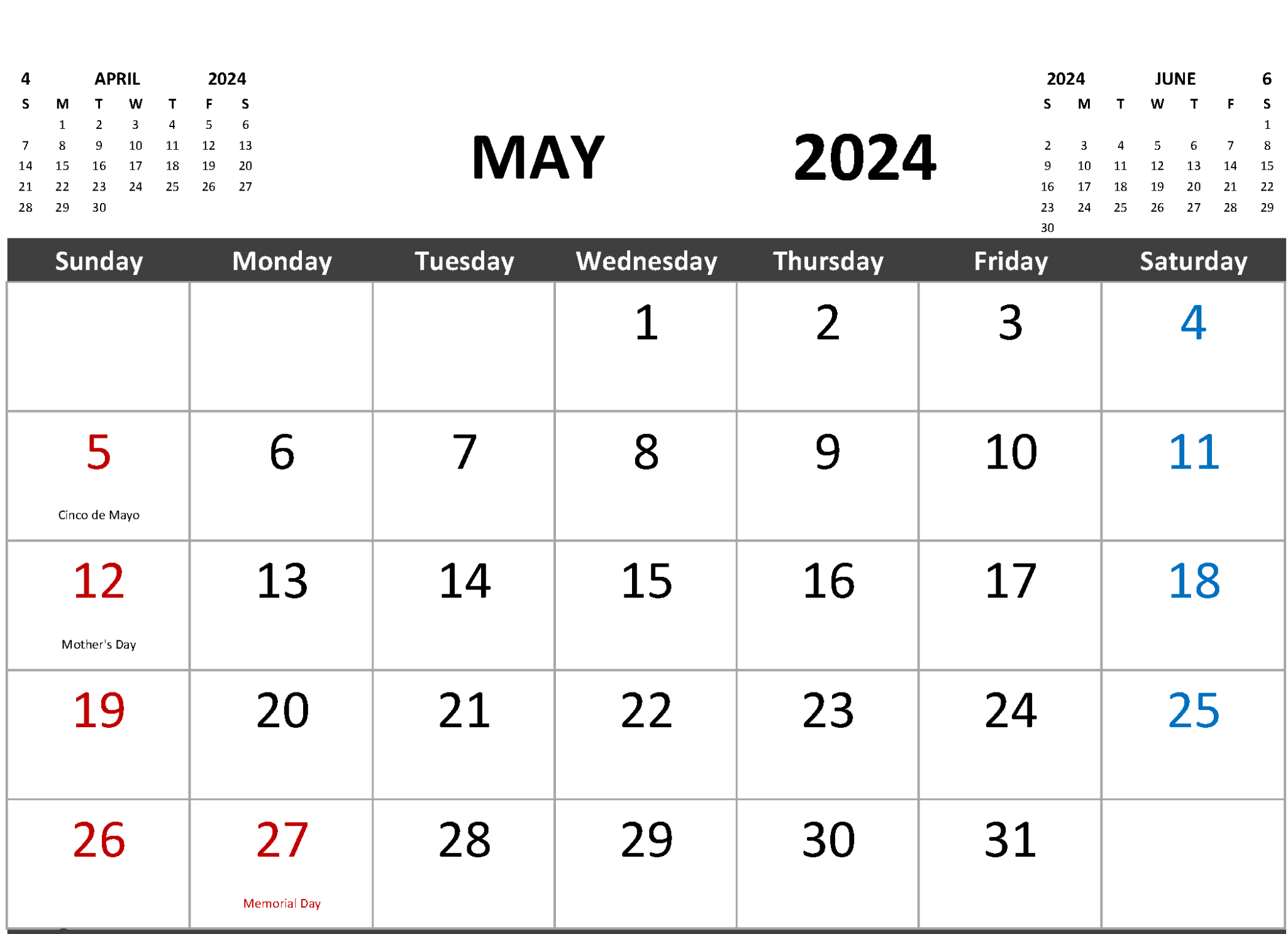 May 2024 Blank Printable Calendar