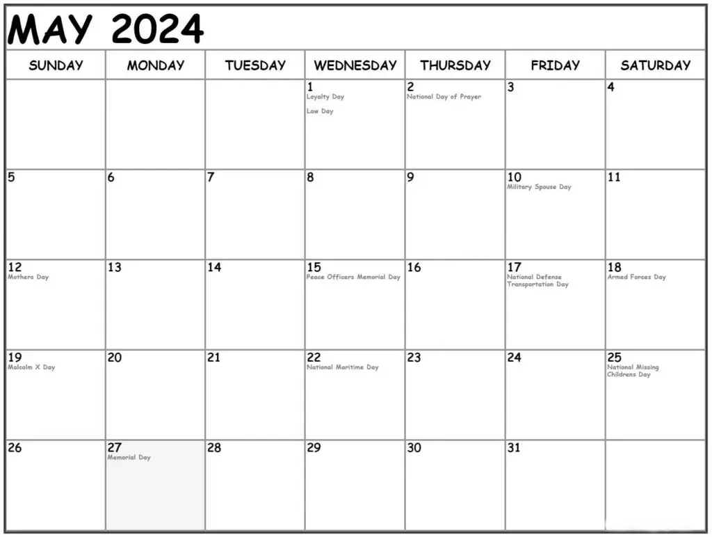 May 2024 Calendar With US Holidays