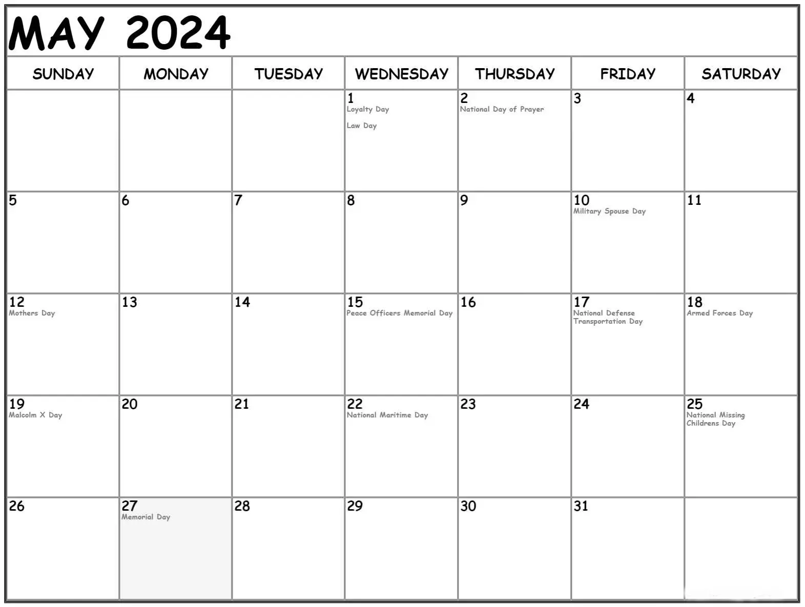 May 2024 Calendar With US Holidays