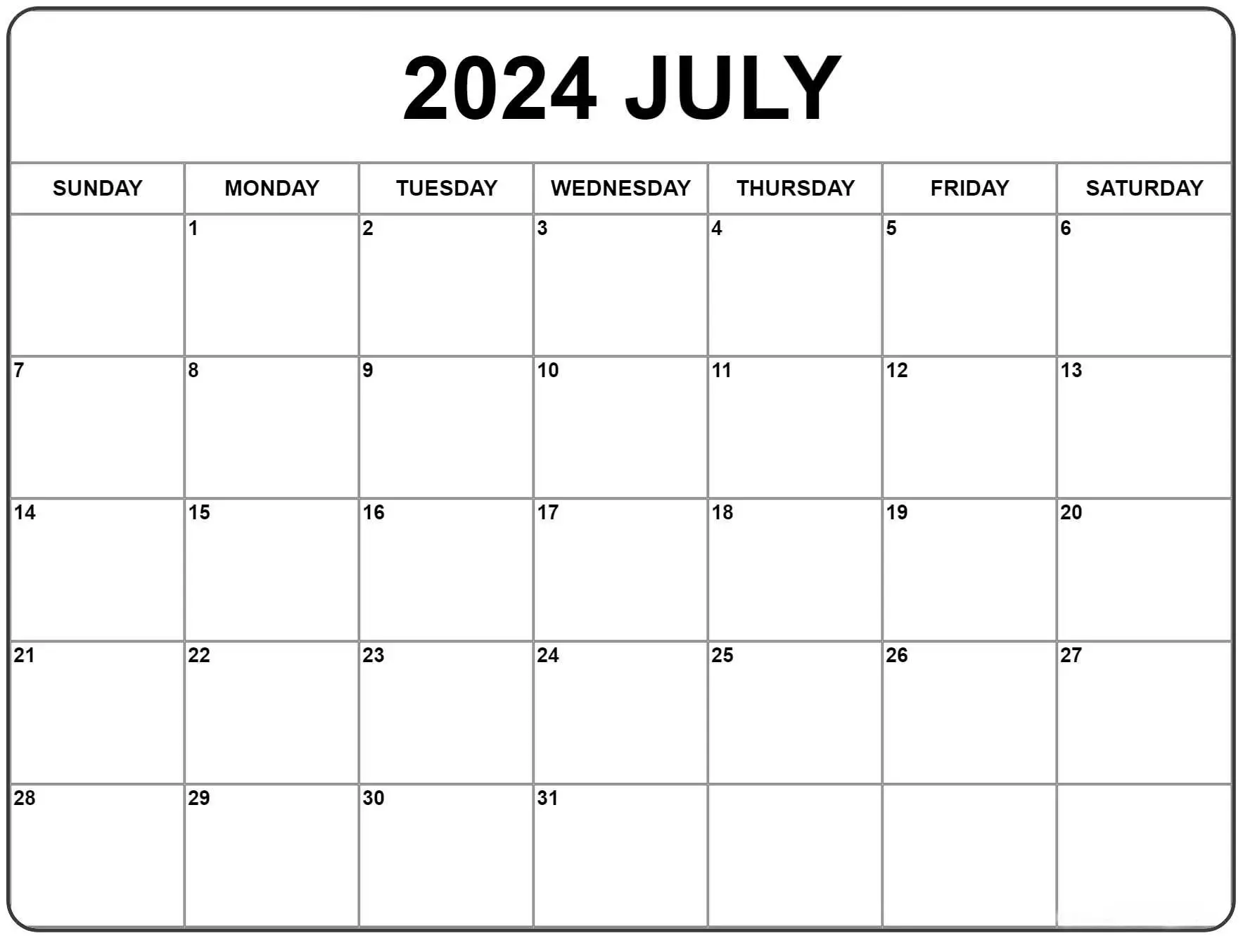 Printable July Monthly Calendar Template 2024