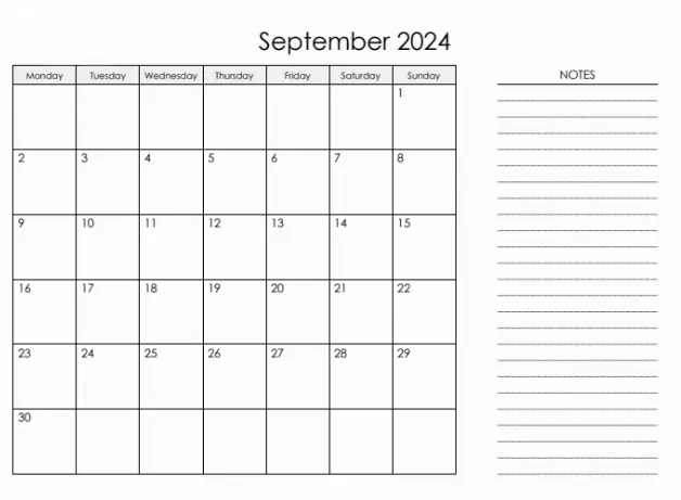September 2024 Printable Calendar With Notes
